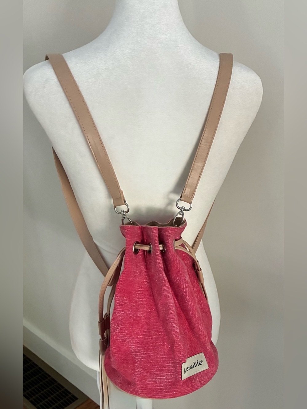 Love This Life Pink Drawstring Suede Bucket Backpack purse